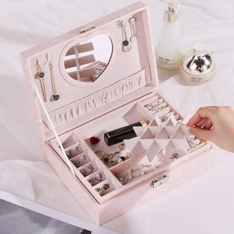 boite à bijoux fille cœur miroir rose